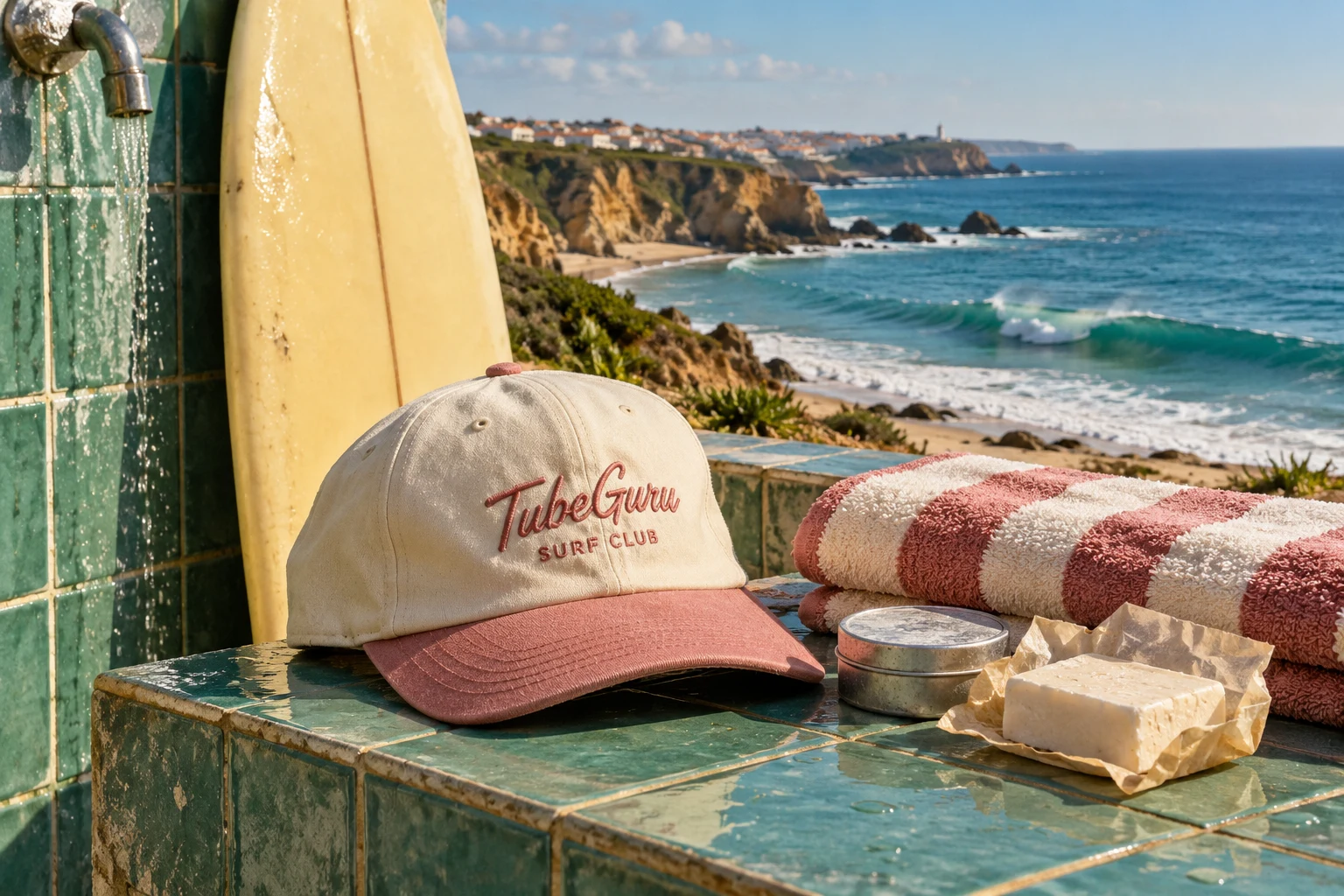 TubeGuru cream and pink cap, striped towel and surf essentials overlooking an Atlantic beach