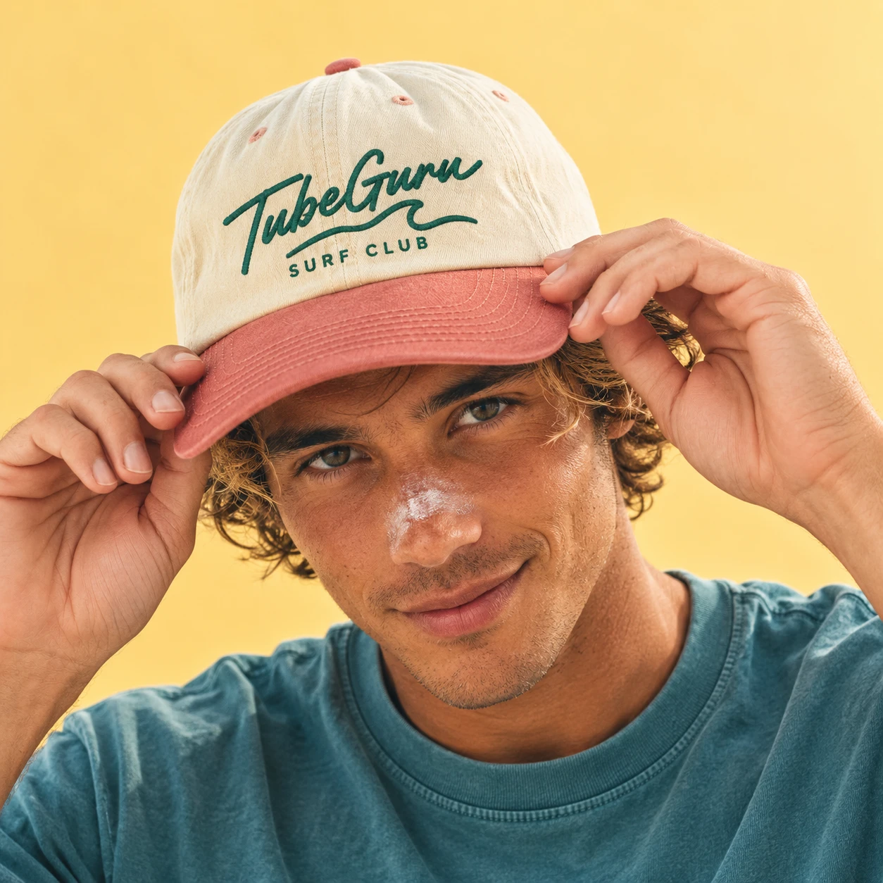 A smiling surfer adjusting a cream and coral TubeGuru Surf Club cap